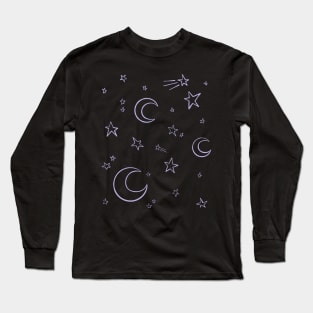 Moons and Stars, Lilac Magical Witchy Pattern Digital Illustration Long Sleeve T-Shirt